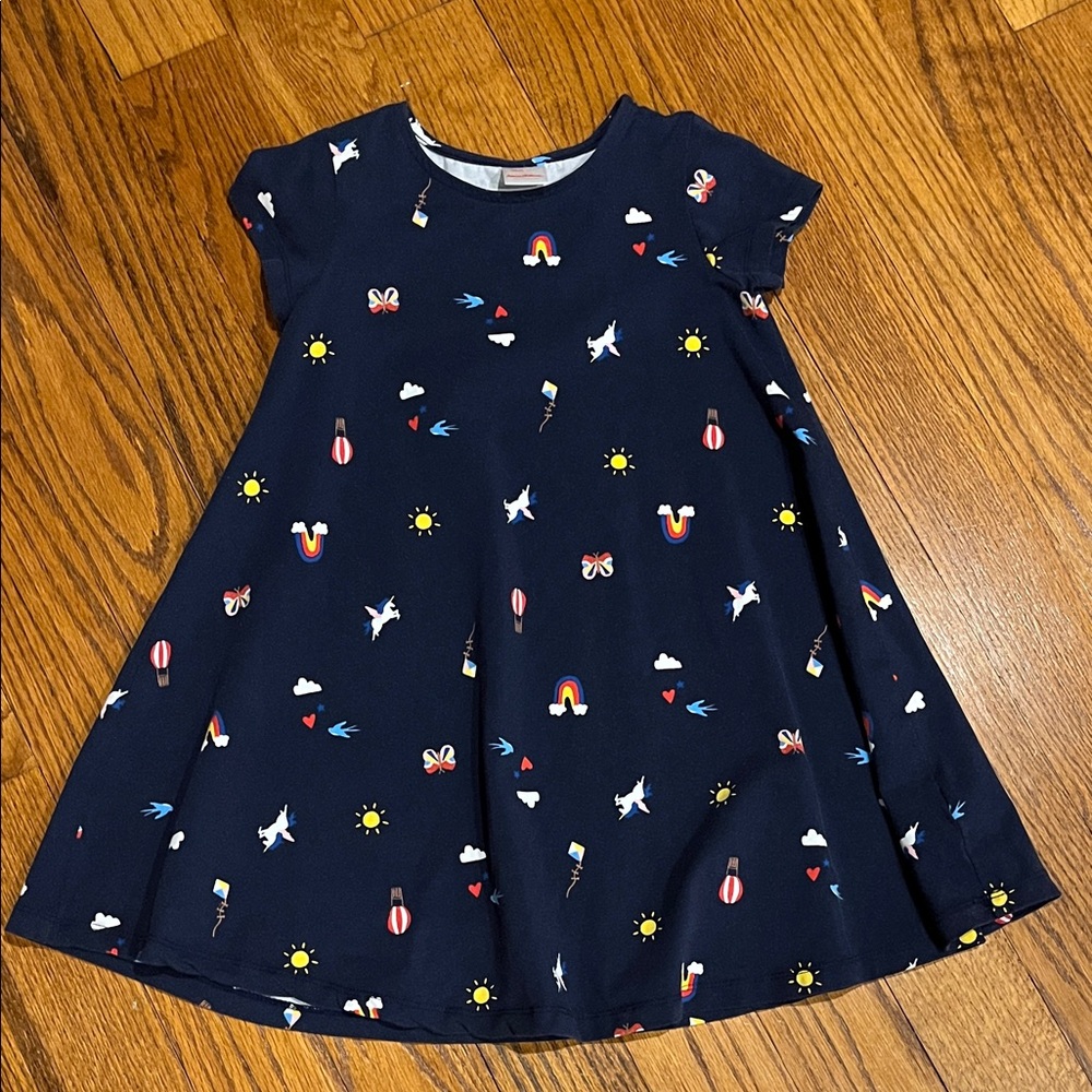 Hanna Andersson Navy Dress with Rainbow, unicorn, other cute prints size 6-7